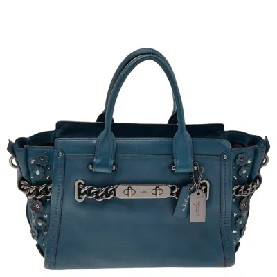 Shop Coach Patch Embellished Leather Swagger 27 Carryall Satchel In Blue