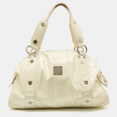 Shop Mcm Crinkled Patent Leather Satchel In White
