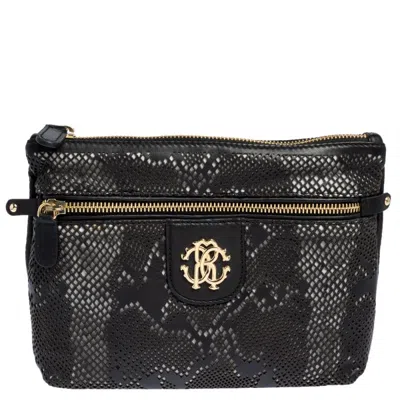 Shop Roberto Cavalli Perforated Leather Pouch In Black