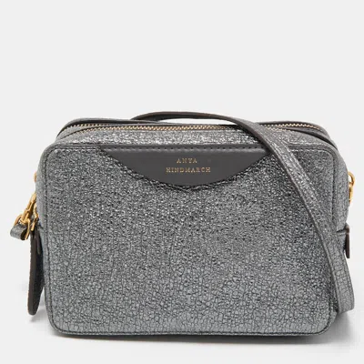Shop Anya Hindmarch Metallic Crinkled Leather Double Stack Crossbody Bag In Grey