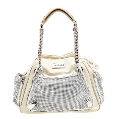 Shop Versace /sliver Patent Leather And Metallic Mesh Chain Link Satchel In White