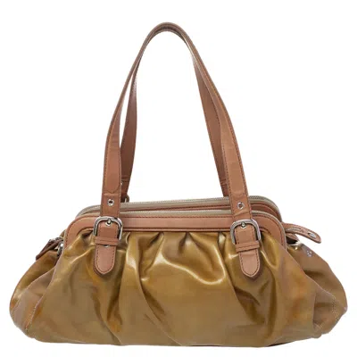 Shop Moschino Metallic /brown Patent And Leather Satchel In Gold