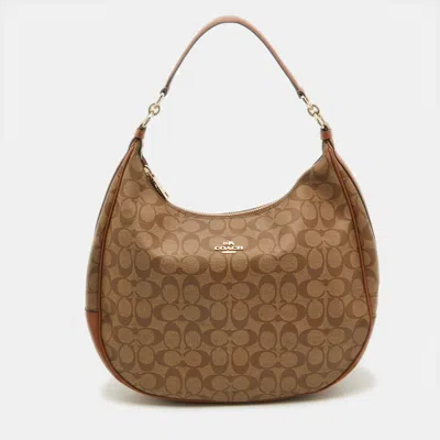 Shop Coach Signature Coated Canvas And Leather Harley Hobo In Brown