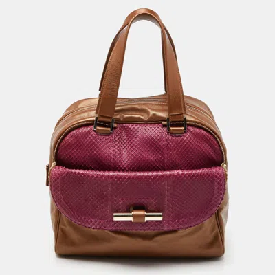 Shop Jimmy Choo /magenta Leather And Watersnake Leather Justine Satchel In Brown