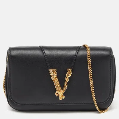 Shop Versace Leather Flap Chain Clutch In Black