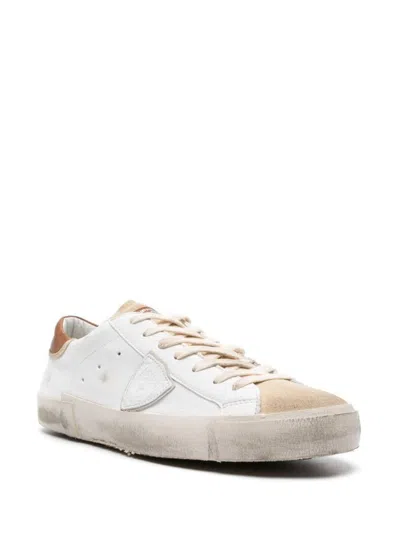 Shop Philippe Model Prsx Leather Sneakers With Logo Patch In Beige E Marrone