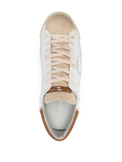 Shop Philippe Model Prsx Leather Sneakers With Logo Patch In Beige E Marrone