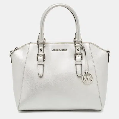 Shop Michael Michael Kors Leather Large Ciara Satchel In Silver