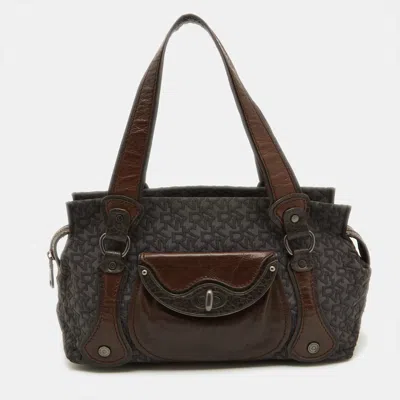 Shop Dkny /brown Signature Canvas And Leather Satchel In Grey