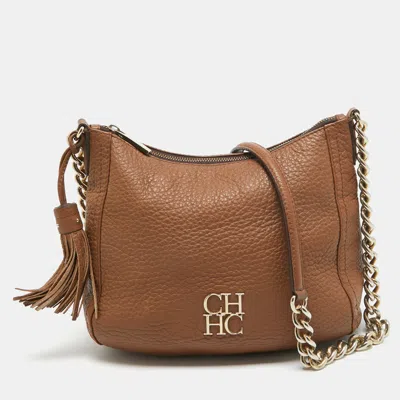 Shop Carolina Herrera Leather Tassel Chain Hobo In Brown
