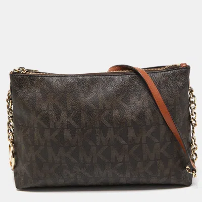 Shop Michael Kors Dark Signature Coated Canvas And Leather Zip Crossbody Bag In Brown