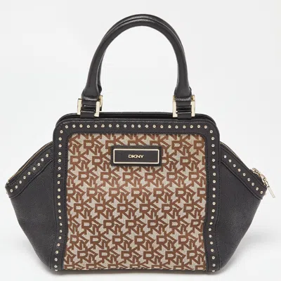 Shop Dkny Signature Canvas And Leather Studded Satchel In Beige