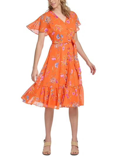 Shop Calvin Klein Womens Button Detail Knee Length Fit & Flare Dress In Orange