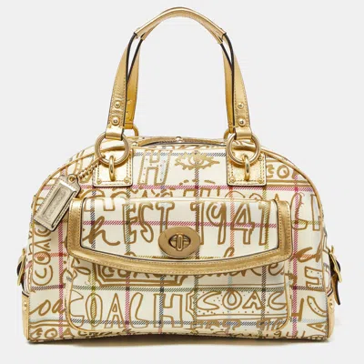 Shop Coach Pvc And Leather Graffiti Tattersall Satchel In Gold