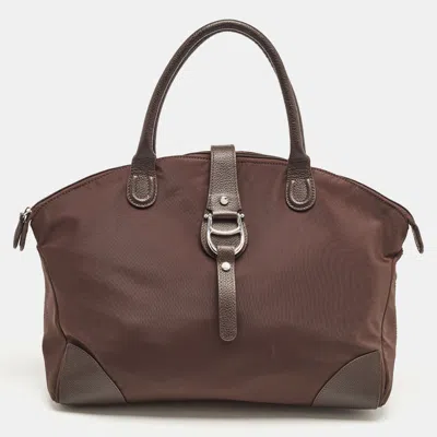 Shop Aigner Dark Nylon And Leather Logo Flap Satchel In Brown