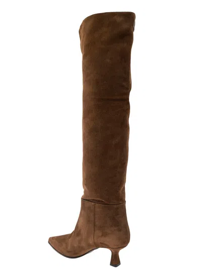 Shop 3juin 'bea' Brown Pointed High-boots With Logo Patch In Suede Woman