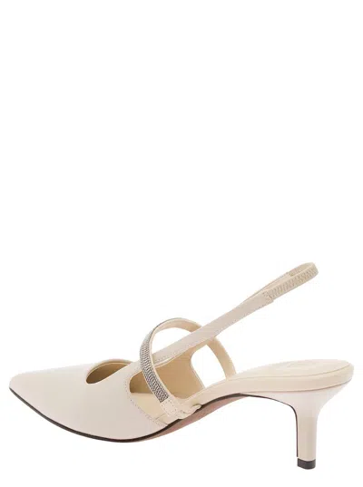 Shop Brunello Cucinelli Ivory White Slingback Pumps With Monile Strap In Leather Woman In Grey