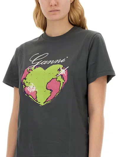 Shop Ganni Relaxed Heart Grey T-shirt