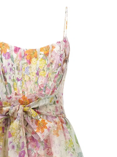 Shop Zimmermann Natura Corset Midi Dress In Linen And Silk With Floral Print In Multicolour