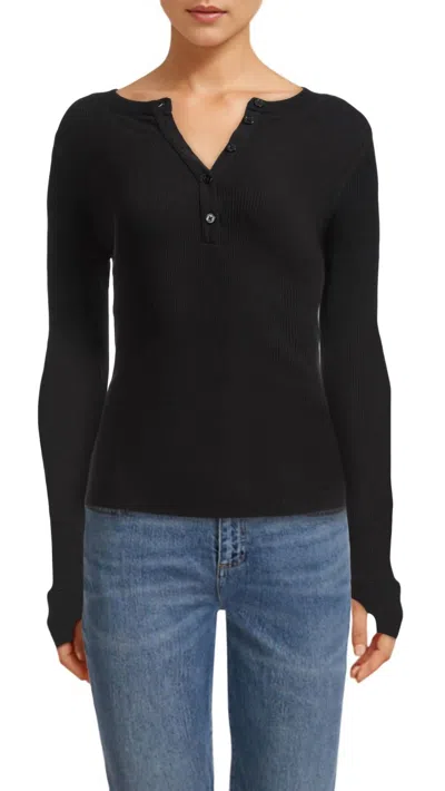 Shop Enza Costa Laundered Thermal Henley Top In Black
