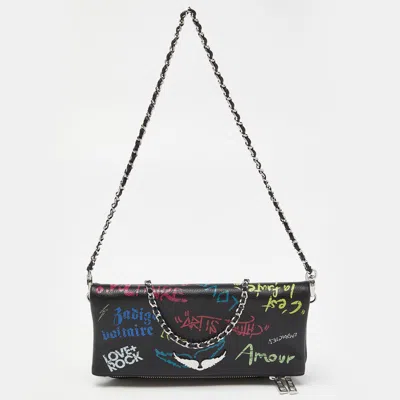 Shop Zadig & Voltaire Printed Leather Rock Foldover Clutch Bag In Black