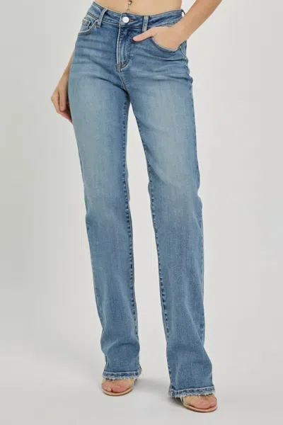 Shop Risen Mid Rise Long Straight Jeans In Blue