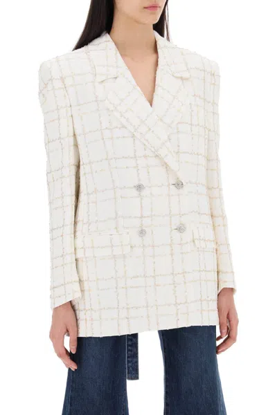Shop Alessandra Rich Oversized Tweed Jacket With Plaid Pattern