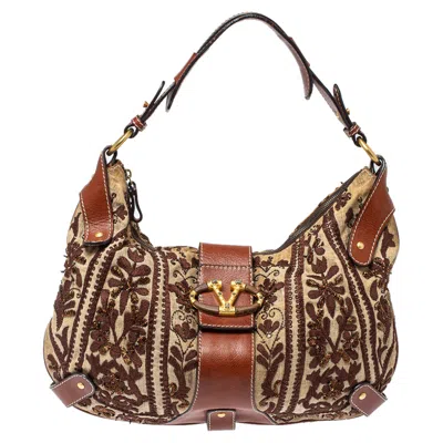 Shop Valentino /brown Canvas And Leather Embroidered Hobo
