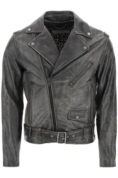 Shop Golden Goose Vintage Effect Leather Biker Jacket