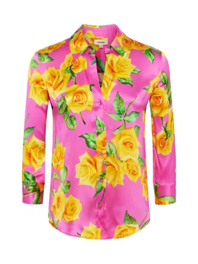 Shop L Agence Dani Silk Blouse In Shocking Pink/yellow Multi Small Rose