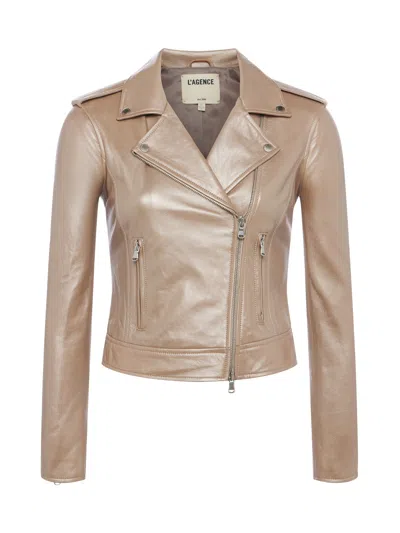 Shop L Agence Leather Biker Jacket In Cashew Metallic