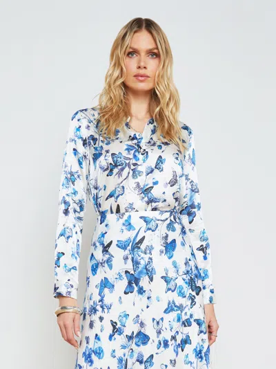 Shop L Agence Tyler Silk Blouse In White/blue Tonal Butterflies