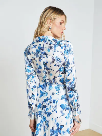 Shop L Agence Tyler Silk Blouse In White/blue Tonal Butterflies