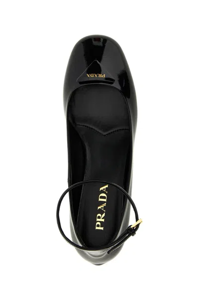 Shop Prada Women Logo Patent Ballet Flats In Black