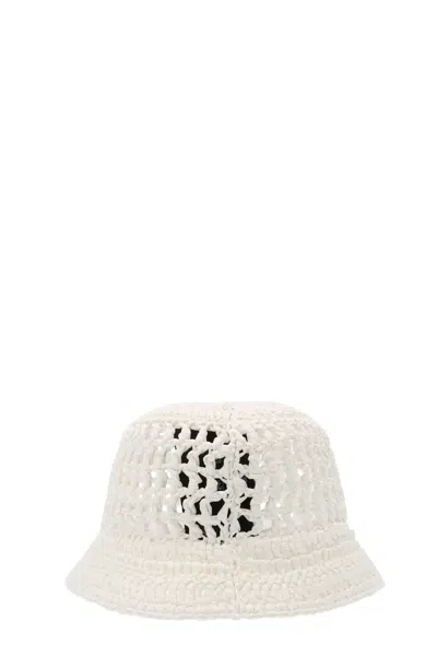 Shop Prada Women Raffia Logo Bucket Hat In White