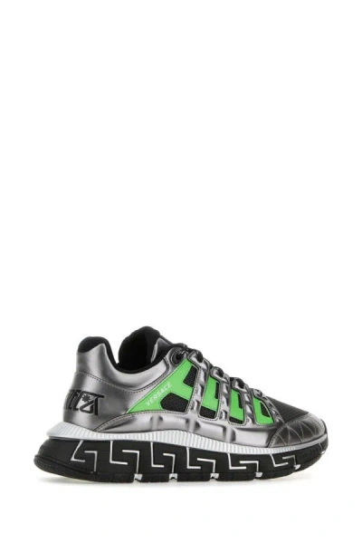 Shop Versace Man Multicolor Fabric And Leather Trigreca Sneakers