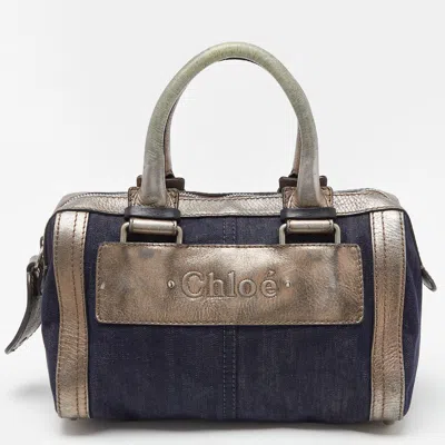 Shop Chloé /metallic Denim And Leather Zip Satchel In Blue