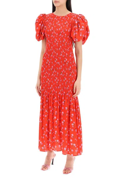 Shop Rotate Birger Christensen Floral Printed Maxi Dress With Puffed Sleeves In Satin Fabric In Rosso
