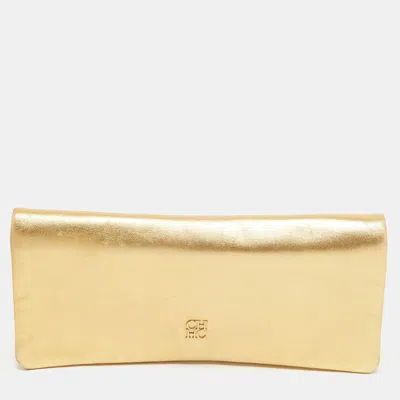 Shop Ch Carolina Herrera Leather Clutch In Gold