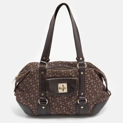 Shop Dkny Dark Monogram Canvas And Leather Satchel In Brown