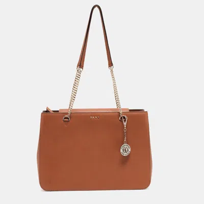 Shop Dkny Tan Leather Bryant Park Chain Tote In Brown