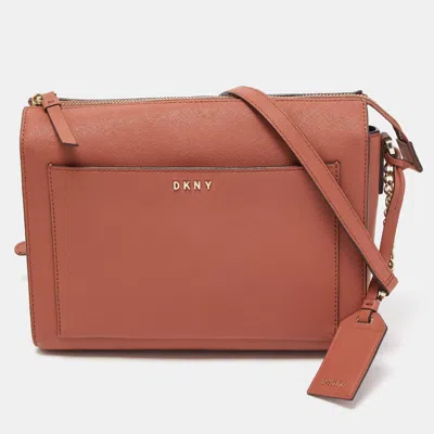 Shop Dkny Brick Saffiano Leather Ava Crossbody Bag In Brown