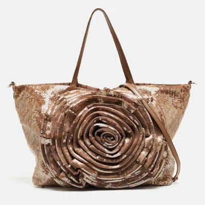 Shop Valentino Bronze Sequins And Leather Petale Tote In Gold
