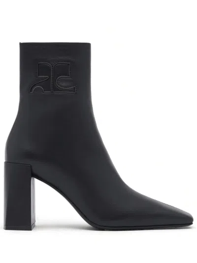 Courrèges Goatskin Ankle Boots With High Block Heel In Black