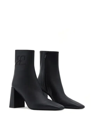 Courrèges Goatskin Ankle Boots With High Block Heel In Black