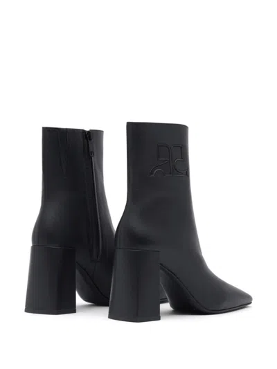 Courrèges Goatskin Ankle Boots With High Block Heel In Black
