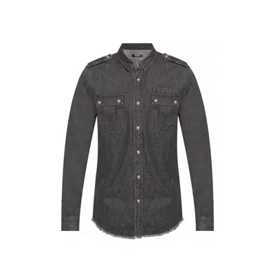 Balmain Cotton Denim Shirt Men In Black