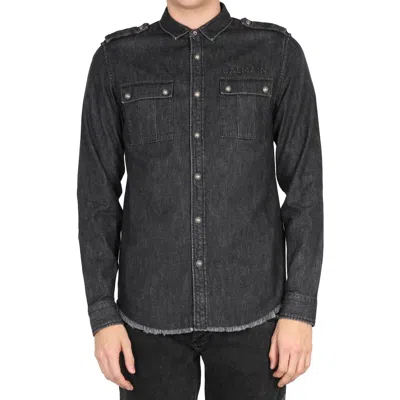 Shop Balmain Cotton Denim Shirt In Black