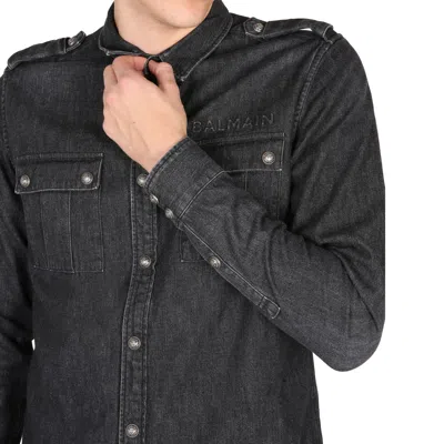 Shop Balmain Cotton Denim Shirt In Black