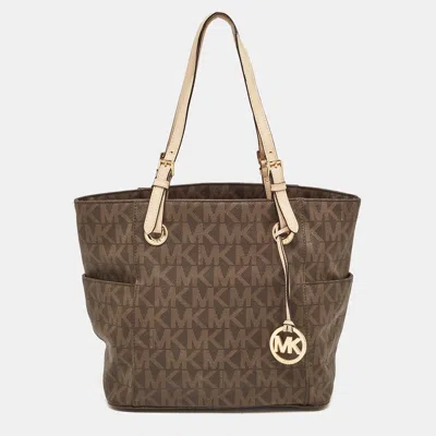 Shop Michael Michael Kors Dark Signature Coated Canvas And Leather Jet Set Tote In Brown